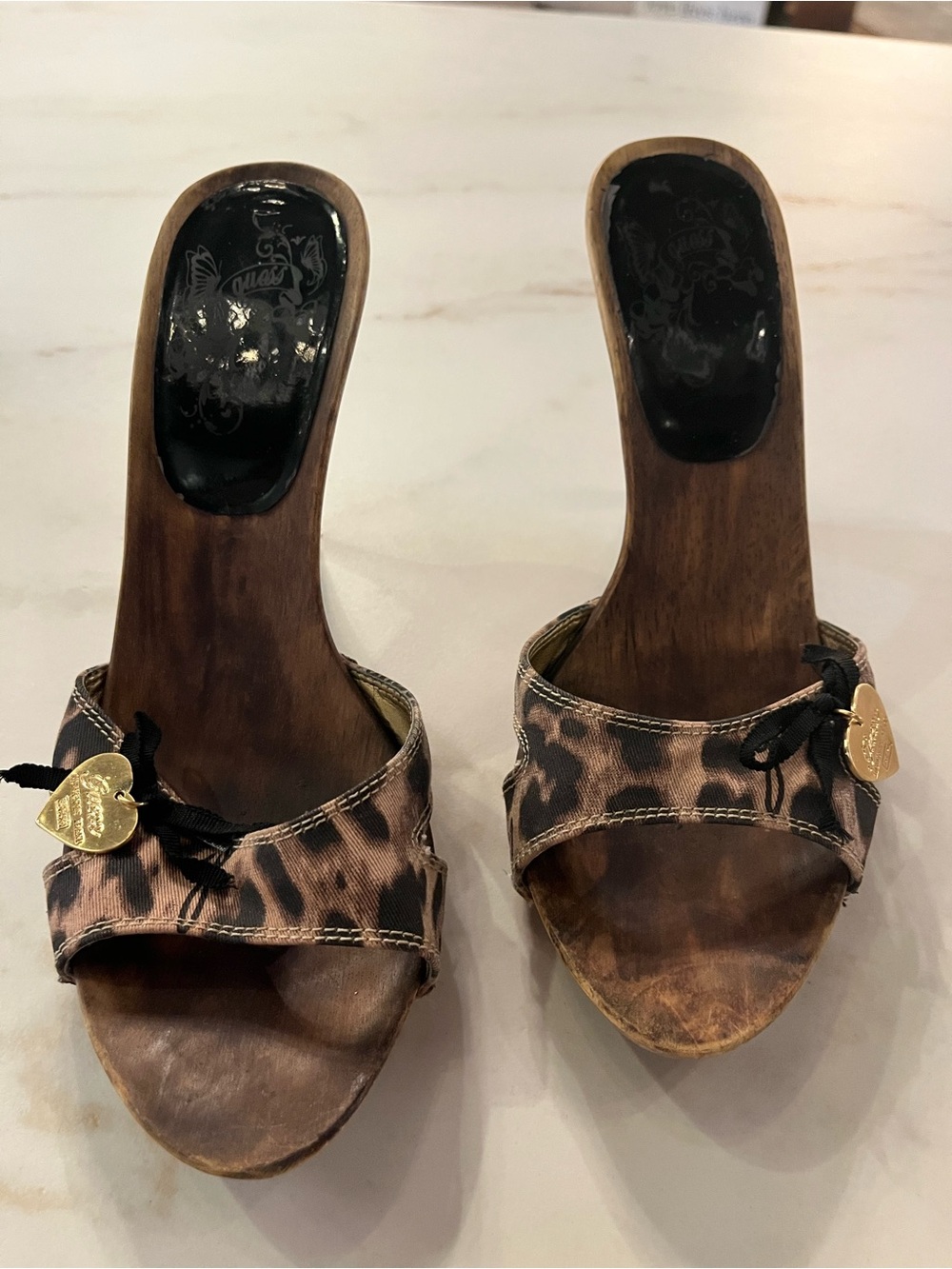 Guess Leopard Print Wood-Heel Slide Sandals - Brown